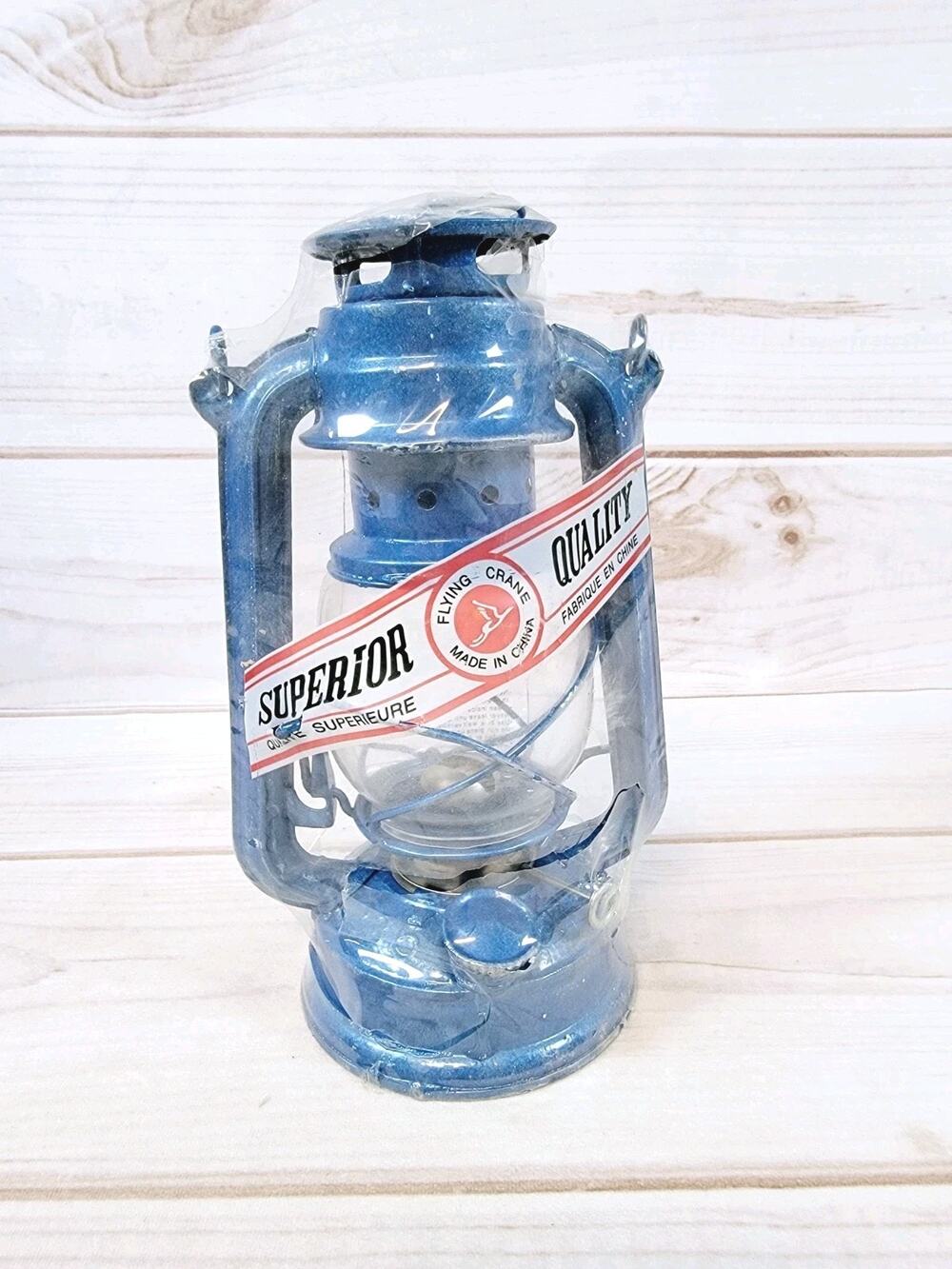 Vintage Flying Crane Blue Kerosene Hurricane Lantern Lamp 9.5 in. New Old Stock